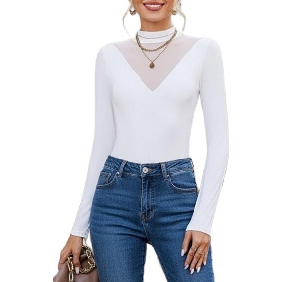 Women's White Long Sleeve Mock Turtleneck Double Lined Leotard Tops Bodysuits